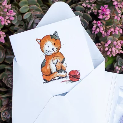 Přáníčko s motivem veselé kočičky - v ručně skládané obálce
