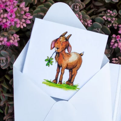 Přáníčko s motivem veselého kozlíka - v ručně skládané obálce